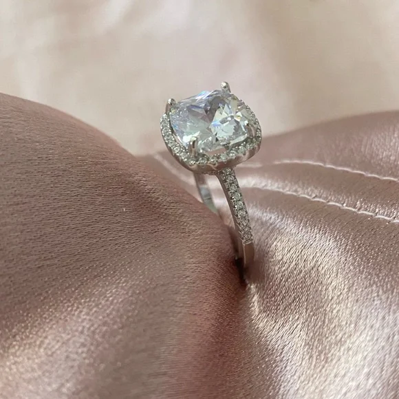 Classic Solitaire Halo Engagement Ring in Silver with Clear Stone - Picture 1 of 6